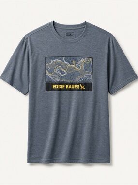 Eddie Bauer Heather Blue Topo Graphic Short Sleeve Tee with Yellow Accent